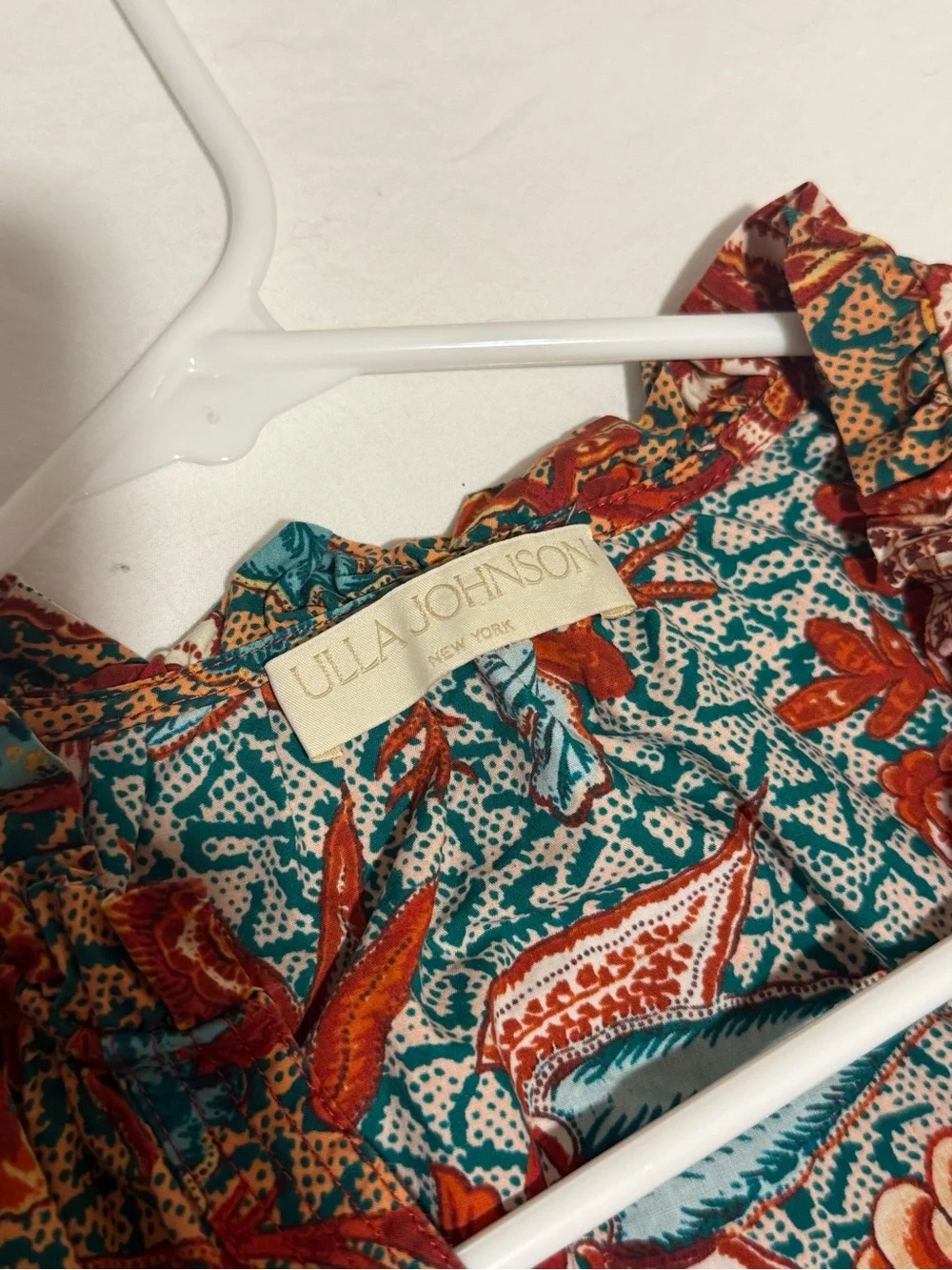 Ulla Johnson Floral Paisley Puff-Sleeve Top in Rust, Teal & Cream